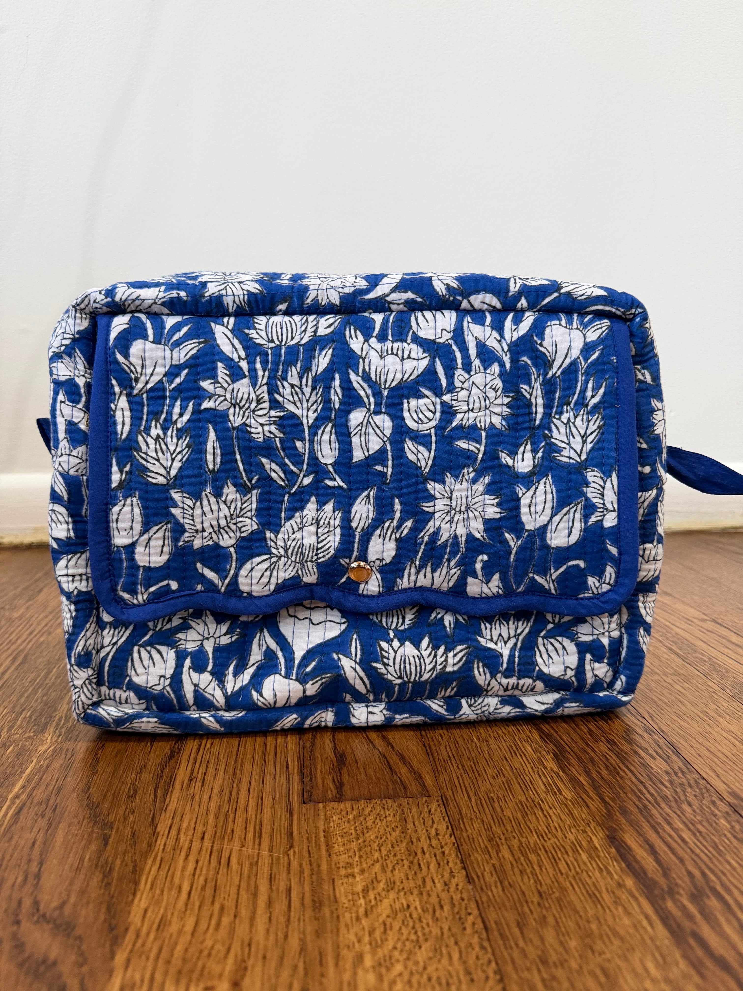 Indigo Marigold Hand Block Printed Quilted Toiletries and Makeup Bag