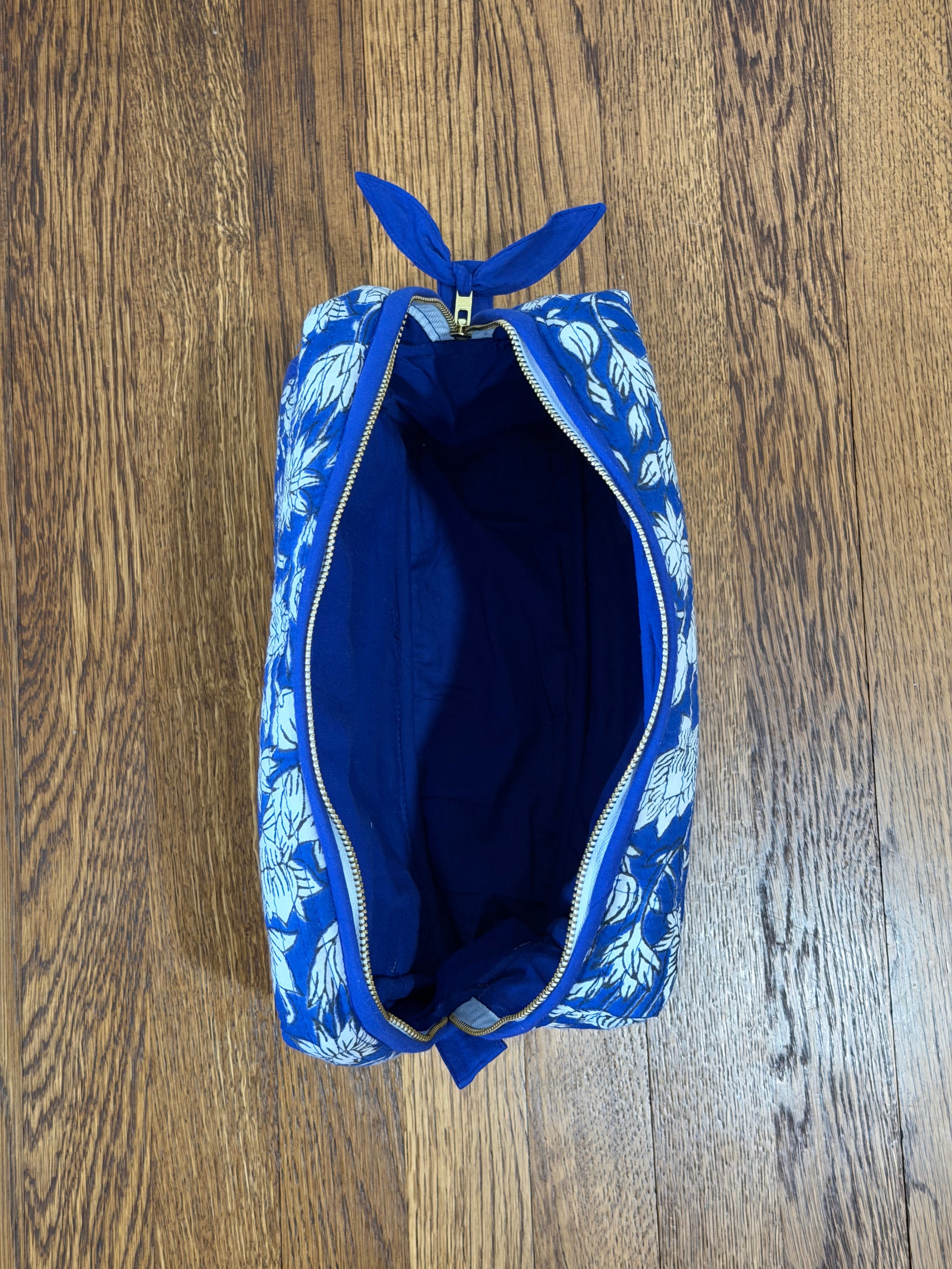 Indigo Marigold Hand Block Printed Quilted Toiletries and Makeup Bag