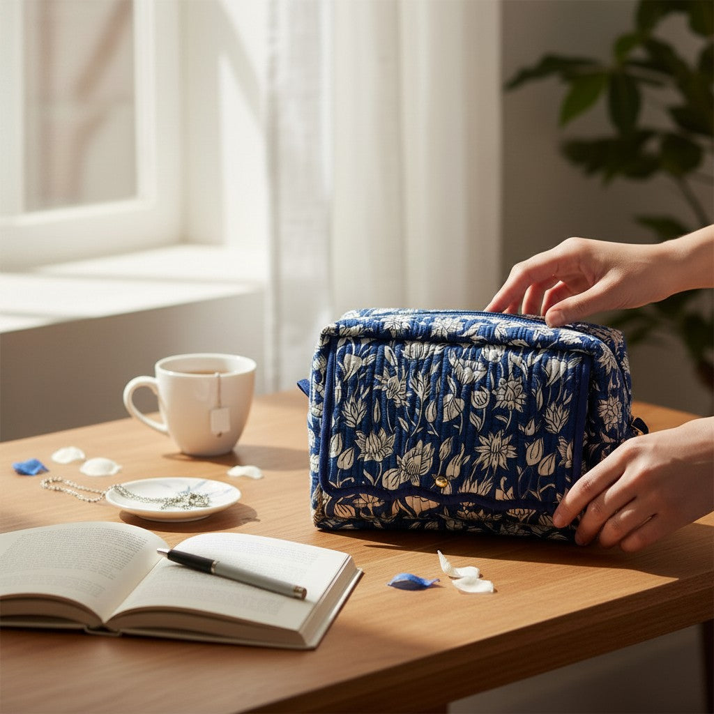 Blue Lotus Quilted Toiletry & Makeup Bag