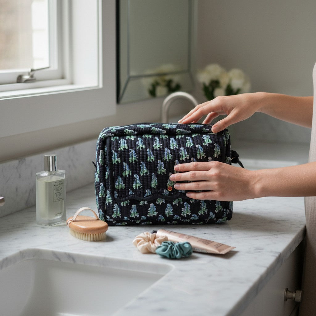 Midnight Fern Quilted Toiletry & Makeup Bag