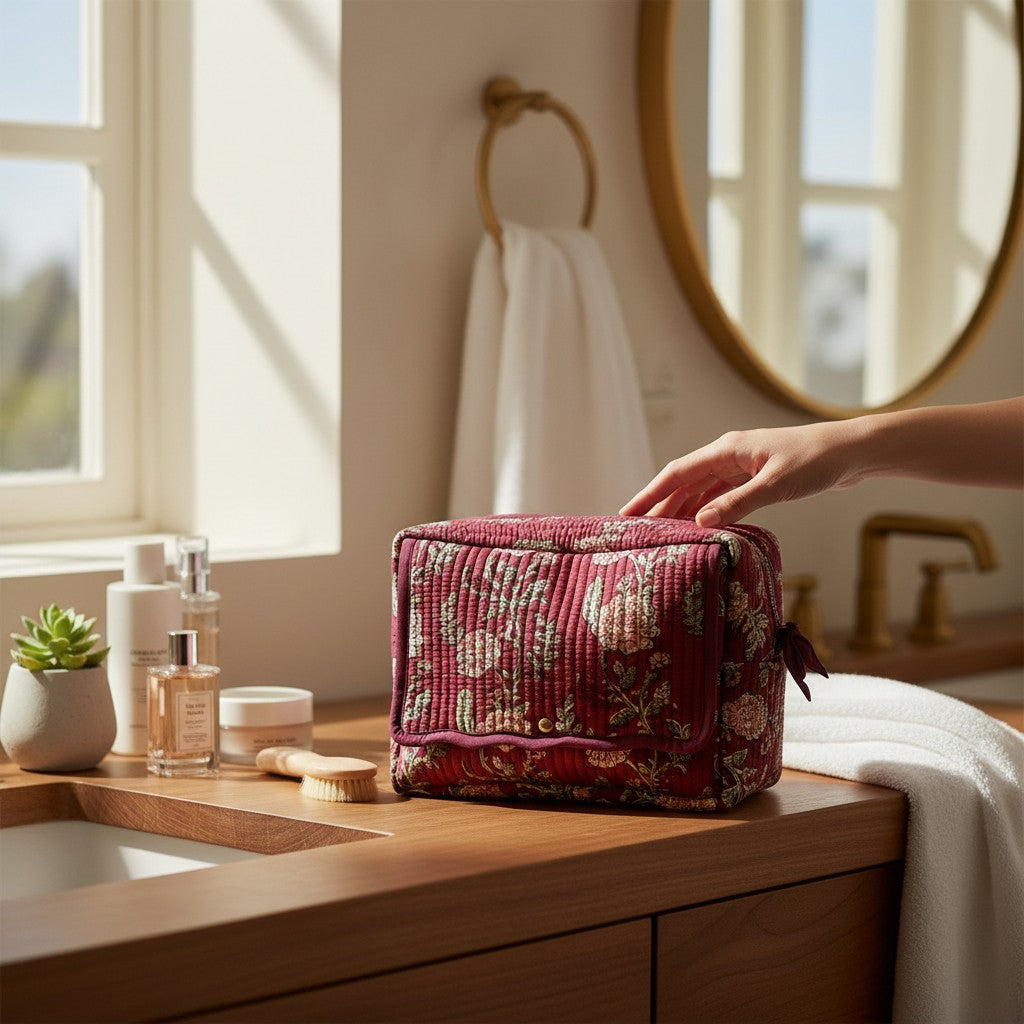 Burgundy Rose Quilted Toiletry & Makeup Bag