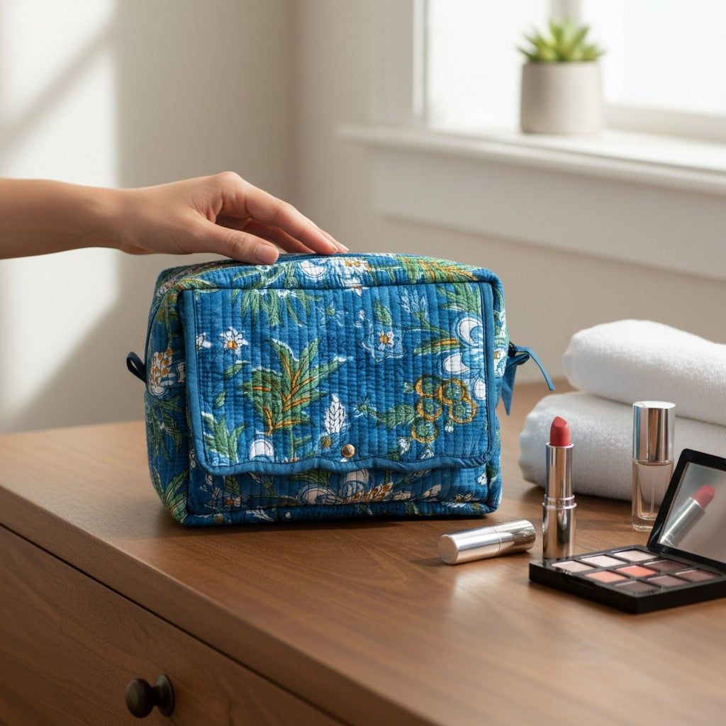 Gardenia Bloom Quilted Toiletry & Makeup Bag