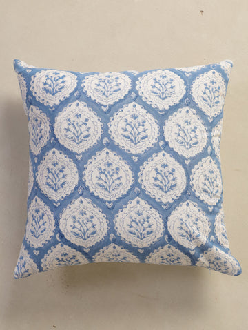 The Block & Bloom dusty blue cotton cushion cover featuring a hand block printed floral buta motif in scalloped frames.