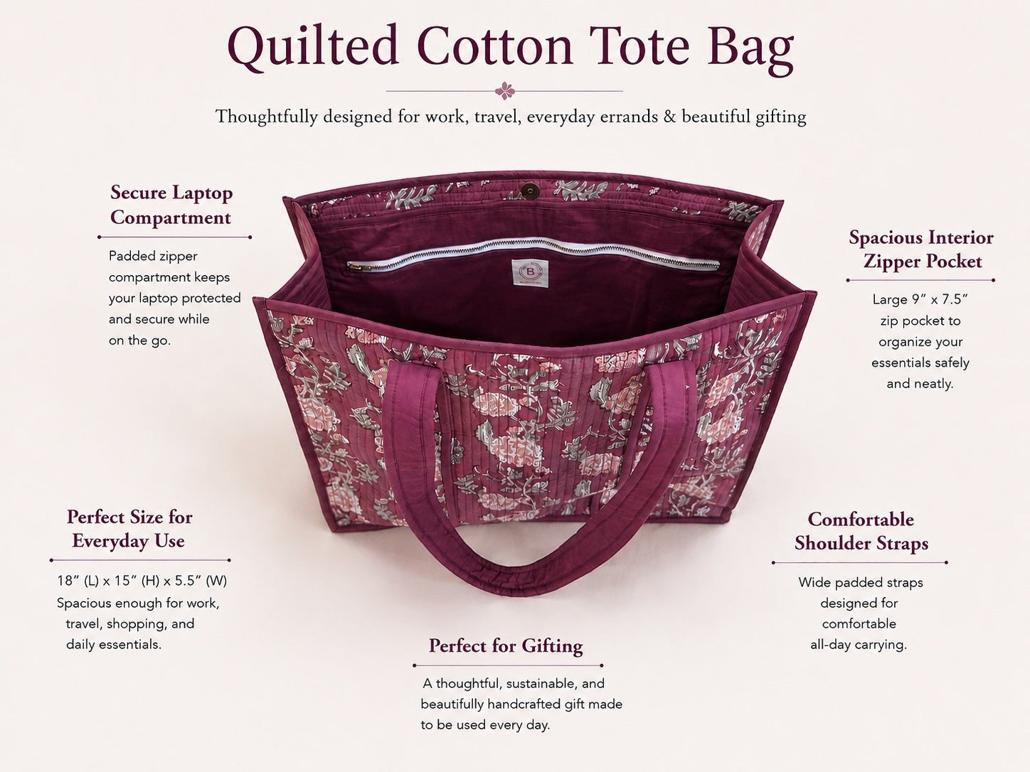 The Block & Bloom burgundy quilted cotton tote bag with floral rose print, featuring interior laptop and zip pockets.
