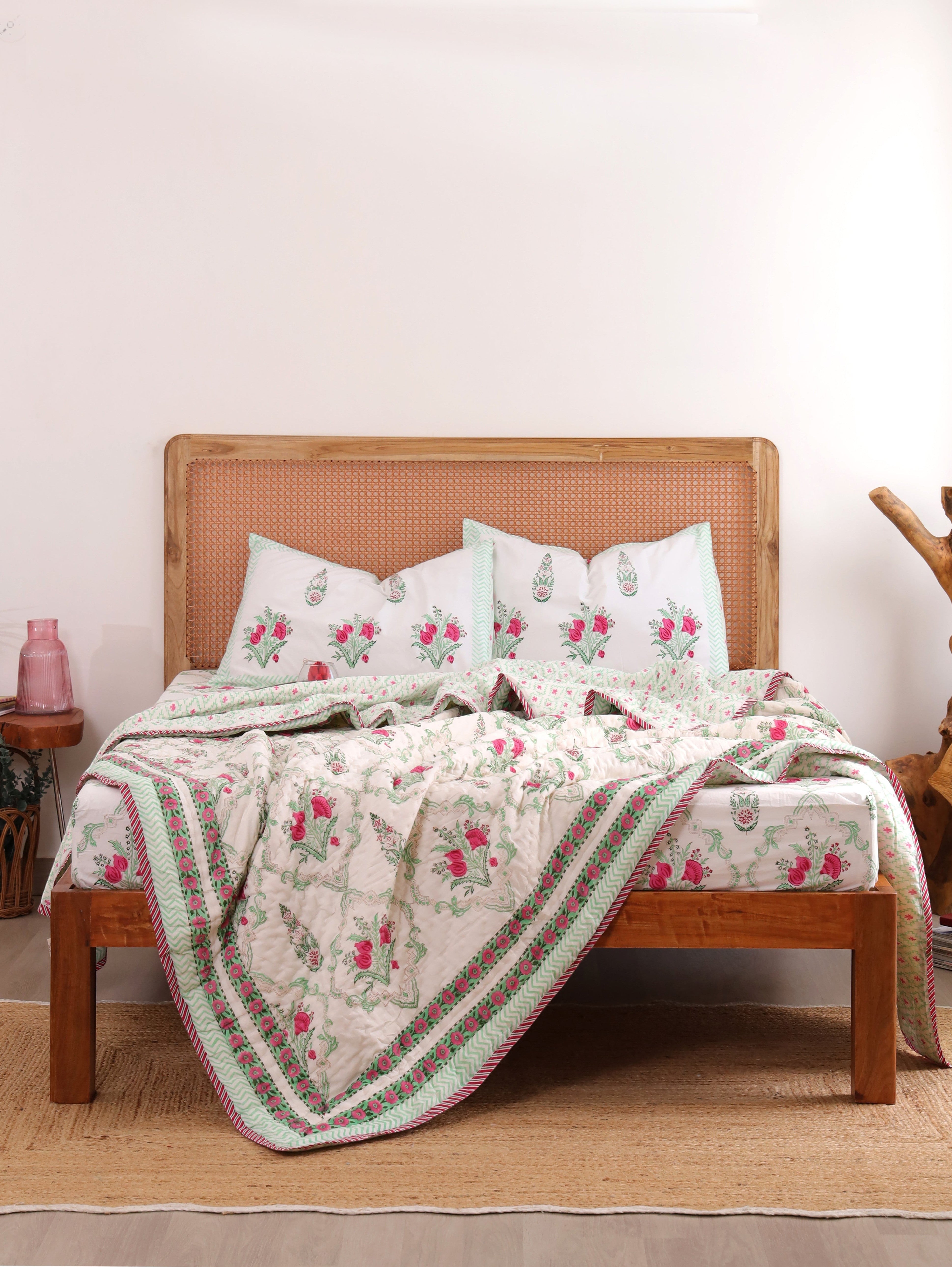 The Block & Bloom Pomegranate Meadow 4pc bedding set with pink floral block print on soft cotton voile quilt and sheets