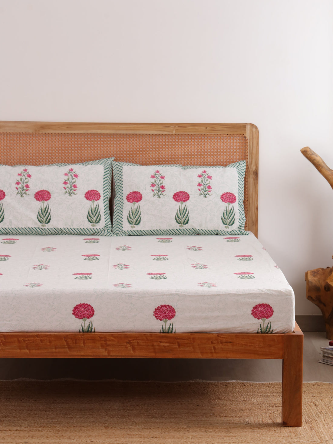 The Block & Bloom hand block printed cotton percale fitted sheet set with pink peony and lily floral print