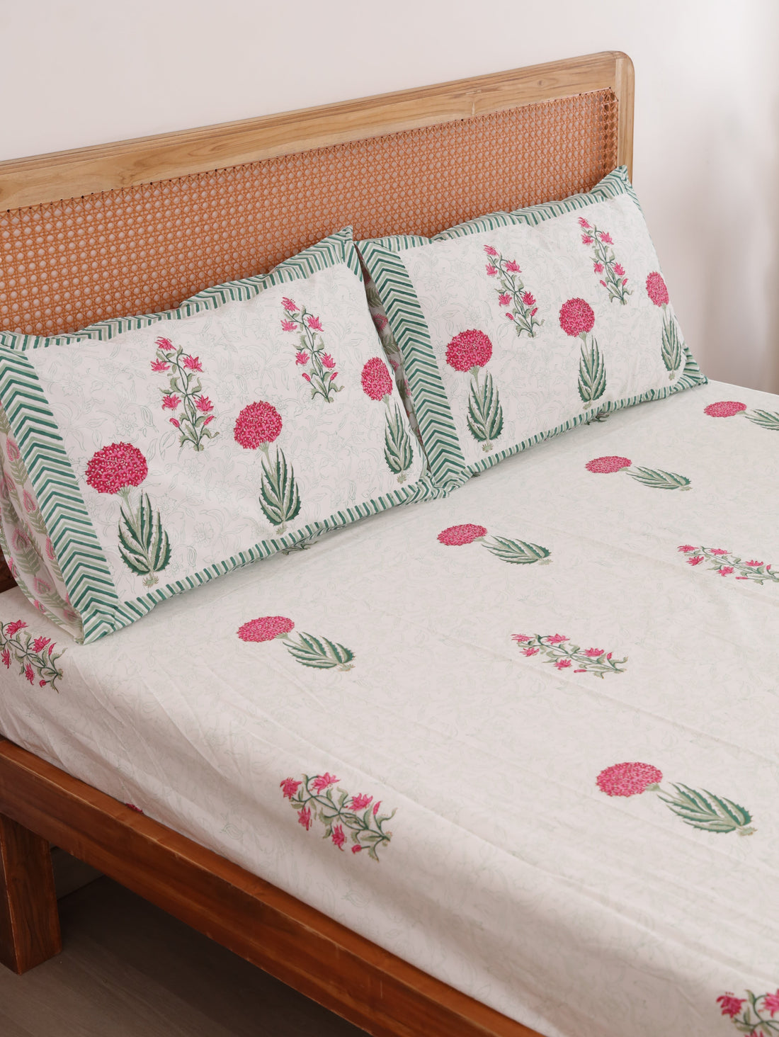 The Block & Bloom hand block printed cotton percale fitted sheet set with pink peony and lily floral print