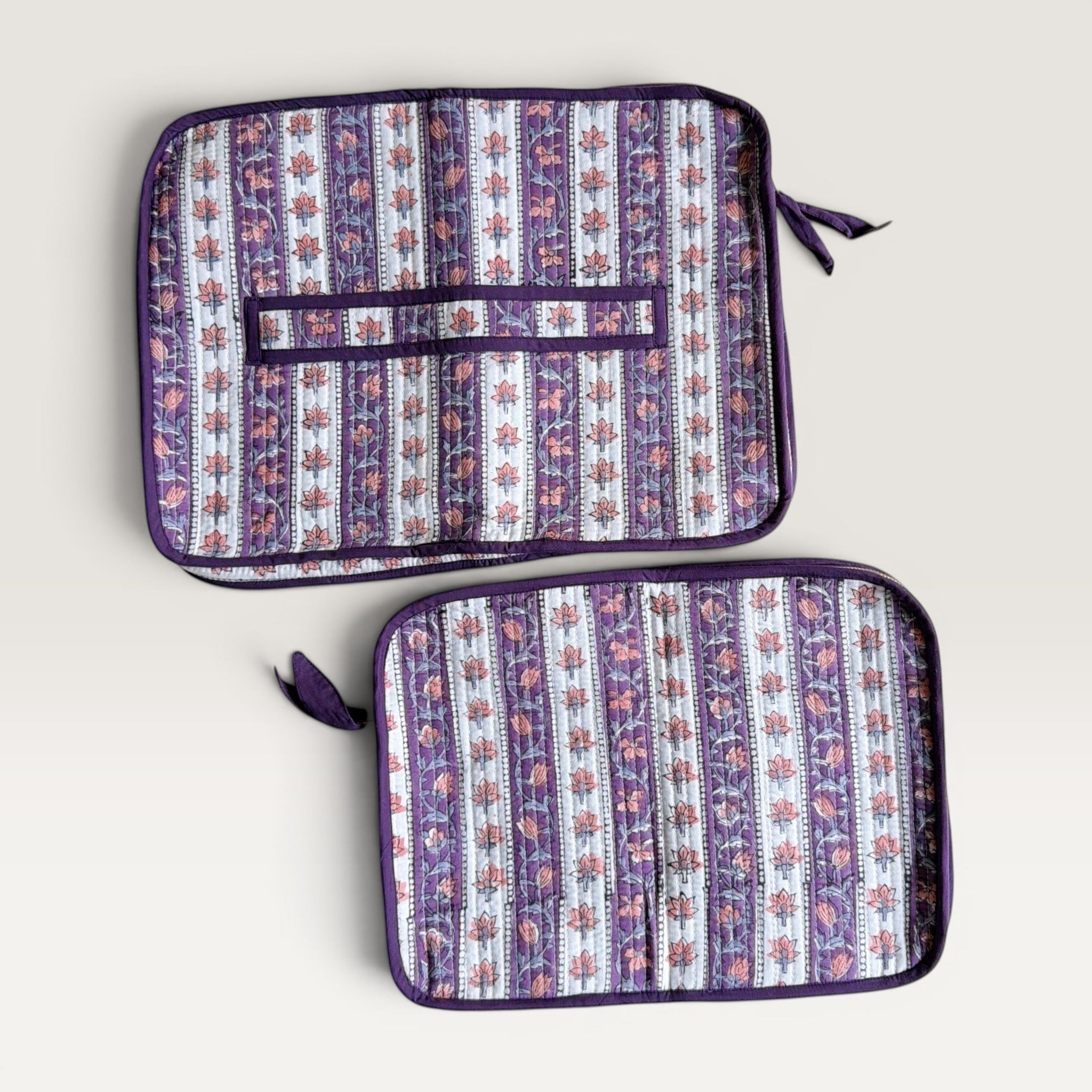 The Block & Bloom quilted laptop sleeve with lavender and ivory floral vine block-print and back hand-carry strap.